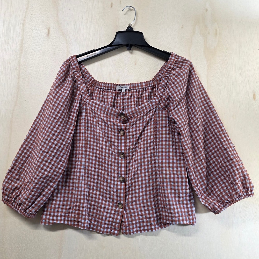 Madewell Gingham Button Front Puff Sleeve Top Terracotta Brown White Size 4 - Picture 2 of 10
